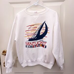 Vintage Nantucket Sailboat White Nautical Flags Sweatshirt Size L Large